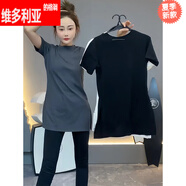 維多利亞的格調(diào)洋氣貨圓領(lǐng)純色正肩短袖T恤女2025新款夏季中長款修身開叉上衣 灰色 S