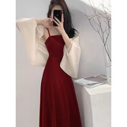 吊帶連衣裙春夏新款高級優(yōu)雅法式方領(lǐng)絲絨紅色連衣裙訂婚敬酒服收 披肩+連衣裙（兩件套） S 建議87-98斤