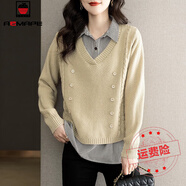 AEMAPE襯衫領(lǐng)假兩件毛衣針織衫女士秋冬2025新款時(shí)尚洋氣上衣氣質(zhì)女裝 米色 XL 115-130斤