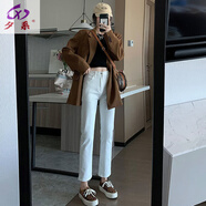夕系白色牛仔褲女直筒2024年春秋新款顯瘦小個(gè)子煙管九分高腰褲子 白色八分 25 建議73-84斤