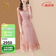 OLJ高檔品牌連衣裙女2025年夏季新款氣質(zhì)重工繡花網(wǎng)紗鑲鉆刺繡裙子 粉色 M