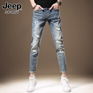 JEEP SPIRIT正品吉普高端牛仔褲男九分破洞修身小腳春夏薄款彈力休閑褲子男 1353藍色九分 30 碼 腰圍2尺3適合110-120斤左
