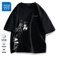 真維斯（Jeanswest）復(fù)古國潮短袖T恤男夏季純棉透氣親膚上衣青少年胖子大碼潮流半袖 黑色(墨竹熊領(lǐng)_大右下標(biāo)) L (175) (收藏加購優(yōu)先發(fā))