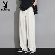 花花公子垂感冰絲褲男士夏季薄款青少年直筒寬松休閑闊腿百搭男款長(cháng)褲 H41米色 2XL