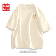 名創(chuàng)優(yōu)品（MINISO）重磅T恤男短袖2025新款二本針抗皺純棉半袖男款純色百搭圓領(lǐng)體恤 【100%純棉】淺米(m神奇法棍胸標(biāo)) XL /180(不起球不掉色)