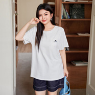 慕姍詩(shī)怡（MsShe）新品涼感索羅娜棉大碼女裝2025夏裝胖mm寬松刺繡正肩短袖 白色現(xiàn)貨 2XL