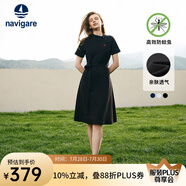 Navigare意大利小帆船短袖連衣裙女士夏季棉質(zhì)斜領(lǐng)裙子時尚顯瘦半袖a字裙 暗夜黑 L 碼