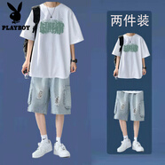 花花公子純棉短袖t恤男款夏季寬松半袖青少年上衣搭配牛仔褲潮牌2件套裝 白色短袖+藍(lán)色五分牛仔褲 贈項(xiàng)鏈 L