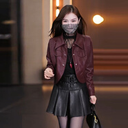 航識(shí)加絨加厚短款皮衣外套女2024秋冬季新款皮衣短裙小個(gè)子穿搭一整套 安可拉紅皮衣【單件-無(wú)毛領(lǐng) 加絨 M -【體重80-100斤】