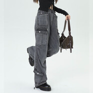 UNIFREE【明星同款】水洗做舊美式復古直筒工裝牛仔褲 深灰色 S