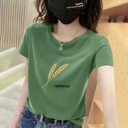 珞妮正肩純棉短袖t恤女2026夏季女裝新款印花寬松百搭休閑體恤上衣潮 綠色【麥子】 L 建議100-115斤