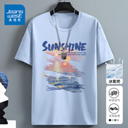 真維斯（Jeanswest）冰絲t恤男短袖夏季冰感運動速干衣服青年男士絲光棉寬松大碼半袖 淺藍色(金色漣漪) 4XL (體重205-230斤)
