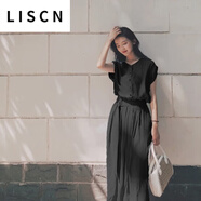 LISCN雪紡連衣裙女夏2025新款流行韓版氣質(zhì)裙子很仙的法國過膝款長裙女 黑色 2XL