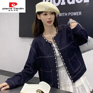 皮爾卡丹2025秋季新款高端圓領(lǐng)珍珠單排扣明線(xiàn)小香風(fēng)百搭牛仔短外套上衣女 藍黑色 2025品 S 85-95