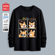 名創(chuàng)優(yōu)品（MINISO）長袖t恤男春秋季寬松休閑百搭純棉打底衫簡約百搭圓領(lǐng)男裝上衣服 黑色(墨鏡柯基) L 175(體重120-140斤左右)
