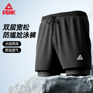 匹克泳褲男泳衣男防尷尬速干平角沙灘褲雙層溫泉海邊度假泳褲黑 L