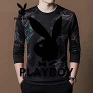 花花公子（PLAYBOY）休閑青年夏季新款長袖T恤男士薄款衛(wèi)衣體恤中青年印花上衣服潮流 471VG長袖黑色 M 165/ 建議90-110斤
