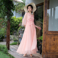 生活在左100%桑蠶絲連衣裙蝴蝶釘花多色夏秋新款真絲長(cháng)裙女 音羽粉 XL