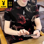 花花公子（PLAYBOY）冰絲短袖t恤男士2025新款夏季漸變印花學(xué)生潮流半袖體恤男裝順滑 黑紅色 (英文狼頭短袖) M