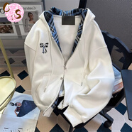 CS.LIONoversize美式潮牌蝴蝶結印花衛衣開(kāi)衫男女春秋雙拉鏈格紋連帽外套 白色 加絨 3XL 155-165斤