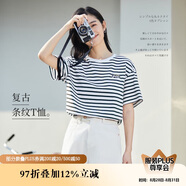 茵曼百搭通勤女裝條紋圓領(lǐng)短袖t恤春夏季休閑寬松顯瘦上衣 藍(lán)白條 M