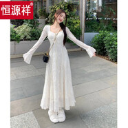 恒源祥國際品牌新中式甜美氣質(zhì)小香風(fēng)白色蕾絲連衣裙女秋冬修身初戀仙女 連衣裙 S