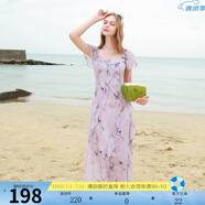 三彩2025夏季新款木耳邊荷葉袖蝴蝶印花雪紡連衣裙大擺長裙M 淡紫色花卉 M 160/84A