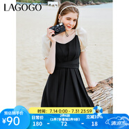 lagogo拉谷谷夏季新款黑色高腰拼接收腰氣質(zhì)連衣裙女法式設(shè)計(jì)感 黑米（WT） S 155/36