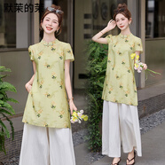 默茉的茉民族風(fēng)歐根紗連衣裙女夏新款繡花復(fù)古旗袍寬松兩件套 綠+白 M