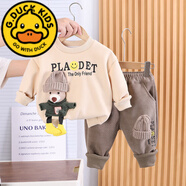 G.DUCKKIDS男童套裝秋冬裝女童加絨2024新款洋氣韓版加厚衛(wèi)衣一體絨褲子寶寶 米白色 立體小熊衛(wèi)衣套裝 加絨 90 建議年齡2-3歲