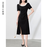 法曼麗 2025夏季法式優(yōu)雅氣質(zhì)蕾絲拼接收腰顯瘦圓領(lǐng)連衣裙W2506203 黑色 XL