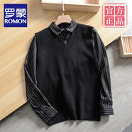 羅蒙（ROMON）假兩件針織衫男春秋潮流痞帥條紋襯衫領(lǐng)套頭毛衣日系時(shí)尚休閑衛(wèi)衣 黑色 XL