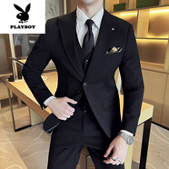 花花公子（PLAYBOY）高端新郎西裝套裝男士修身西服純色結(jié)婚禮服商務(wù)休閑上班面試正裝 黑色西裝+西褲白帶皮帶胸巾胸針 2XL 【135-145斤穿】