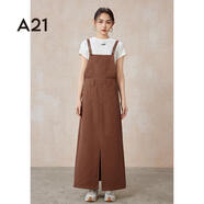 A21女裝減齡氣質(zhì)開(kāi)叉牛仔連衣裙女春季顯瘦寬松背帶裙 啡色 S
