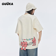 古由卡（GUUKA）潮牌短袖t恤男士打底衫夏季男裝新款青少年上衣服寬松五分半截袖 奶黃色 動(dòng)物系列F6507 L