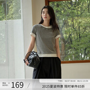 阿依蓮【商場(chǎng)同款】假兩件短袖t恤女夏季2025新款時(shí)尚百搭正肩撞色上衣 貝殼灰 L