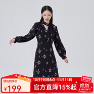 艾萊依商場同款新款系帶蝴蝶結法式氣質(zhì)連衣裙時尚百搭顯瘦長裙子 黑底色花 M 160/84A