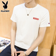 花花公子（PLAYBOY）潮流男士短袖t恤純棉V領(lǐng)2025新款上衣服男裝夏季半袖體恤打底長袖 短袖刺繡白色 M