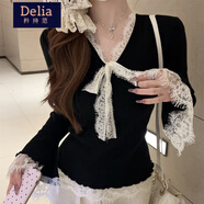 矜持范毛衣女法式氣質(zhì)蝴蝶結V領(lǐng)長(cháng)衫女裝冬季減齡蕾絲拼接內搭上衣 黑色 S