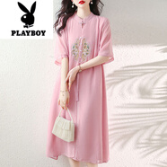 花花公子（PLAYBOY）新中式國風漢服改良連衣裙女夏季大碼媽媽遮肚子顯瘦氣質(zhì)洋氣裙子 粉紅色 M