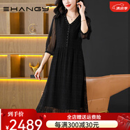 Ehangy輕奢品牌連衣裙女2025夏季新款桑蠶絲黑色刺繡V領(lǐng)寬松大碼裙子 黑色 XL