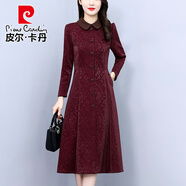 皮爾卡丹高貴夫人秋冬新款長(zhǎng)袖印花連衣裙娃娃領(lǐng)收腰顯瘦氣質(zhì)減齡中長(zhǎng)裙 紅色 M