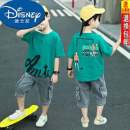 迪士尼（Disney）男童套裝 新款中大兒童4-12歲男孩短袖T恤牛仔褲兩件套學(xué)生衣服 綠色足球【短袖+褲子】 150碼建議身高140cm