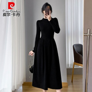 皮爾卡丹（pierre cardin）韓系半高領(lǐng)藍(lán)色針織連衣裙女春秋感褶皺大擺裙氣質(zhì)收腰毛衣裙 黑色 S