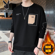 花花公子（PLAYBOY）衛(wèi)衣男士長袖t恤潮流寬松潮牌小衫新款體恤秋冬季上衣服 WE1105黑色【加絨】 加厚 M 建議80-110斤