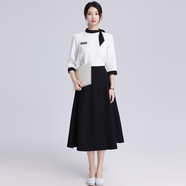 珂芙妍餐飲店長(cháng)套裝美容院工作服女美業(yè)酒店牙科珠寶前臺顧問(wèn)售樓美容師 白色絲巾領(lǐng)七分袖+黑色A字長(cháng)裙 2XL