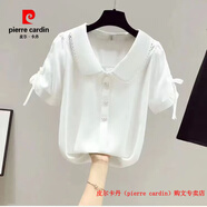 皮爾卡丹（pierre cardin）娃娃領(lǐng)短袖襯衫夏季女裝遮肚大碼洋氣減齡系帶上衣新款雪紡襯衫女 白色 S 95斤以?xún)?
                                         title=
