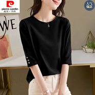 皮爾卡丹（pierre cardin）棉七分袖t恤女夏季2025春秋新款打底衫女紐扣上衣半袖ins潮夏裝 黑 M