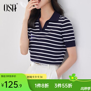 歐莎（OSA）條紋polo領(lǐng)針織衫短袖女高端夏季冰絲薄款休閑百搭顯瘦上衣 藏藍(lán)色 XL