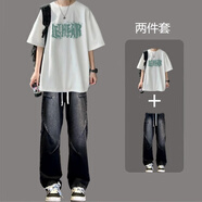 簡(jiǎn)興恒套裝男學(xué)生痞帥復古短袖T恤搭配牛仔褲套裝男夏季休閑寬松t體恤 T139白加K40黑褲 S 【80-95斤】 建議